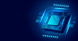 Prozessorchip mit blauer Beleuchtung und digitaler Technik, symbolisiert moderne Computerhardware un.