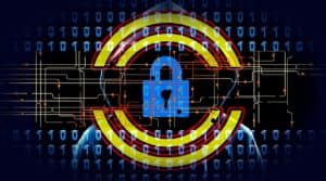 Digitale Sicherheits- und Datenschutzsymbol mit Schloss und Binärcode.