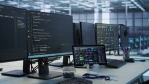 Mehrere Monitore mit Programmier- und Steuerungssoftware in einem modernen Büro.
