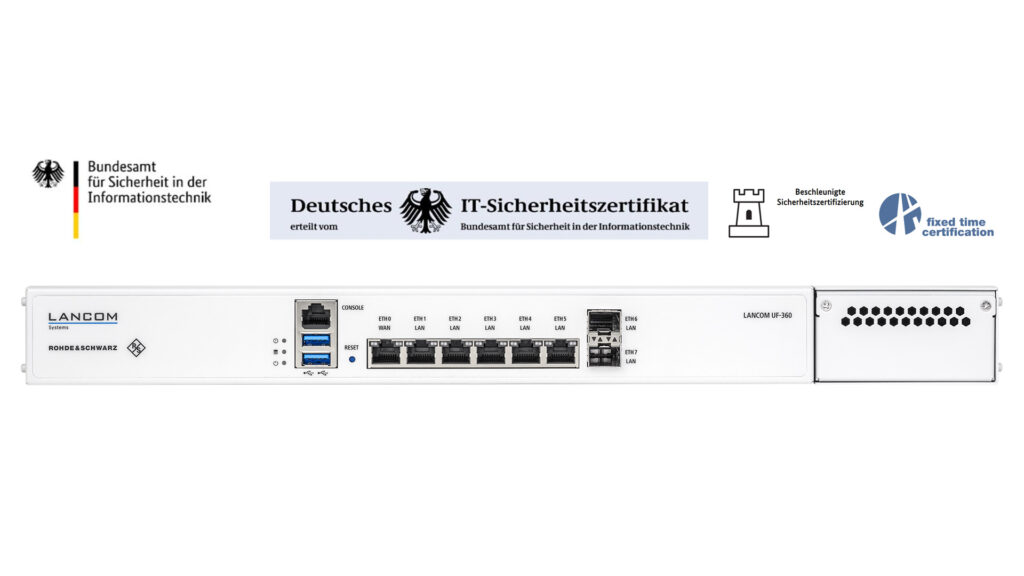 LANCOM UF-360 Netzwerkgerät mit mehreren Ethernet-Ports, USB-Anschlüssen und Sicherheitszertifikaten des Bundesamts für Sicherheit in der Informationstechnik.