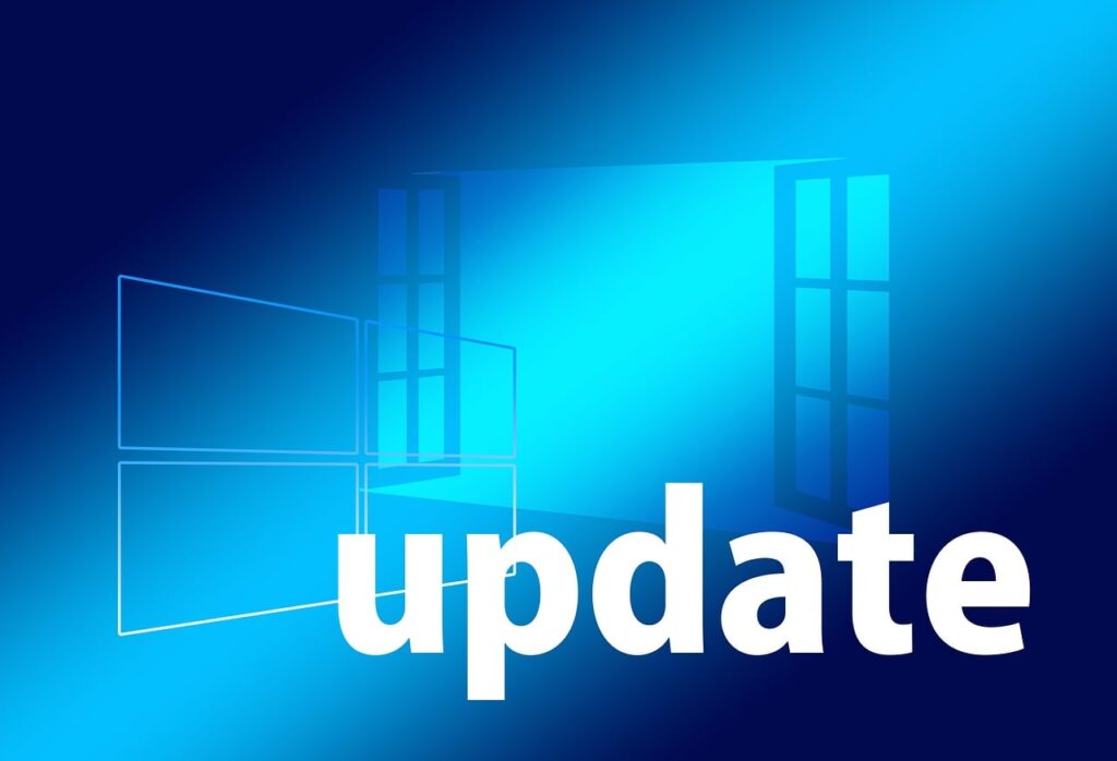 Grafik mit dem Wort "Update" in großer Schrift auf einem blauen Hintergrund, symbolisiert die Aktualisierung von Software. Relevant für die PTV6 Update-Seite, die auf das Ende der Frist am 30. September 2026 hinweist.